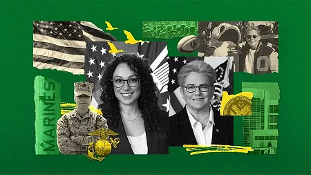 an illustration of two people who are veterans and UO alumnae